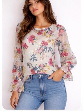 Loft blouse top Shimmer Floral Chiffon Ruffle Puff Sleeve Blouse Size Cream SZ S